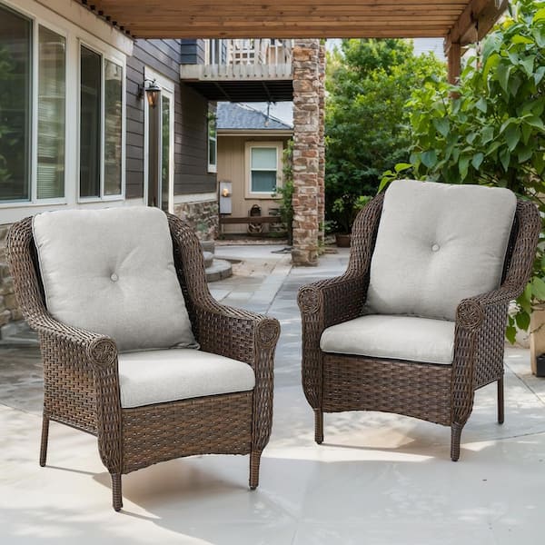 moosprr Patio Brown Wicker Outdoor Lounge Chair with Beige Cushions and Chrysanthemum Armrest (2-Pack)