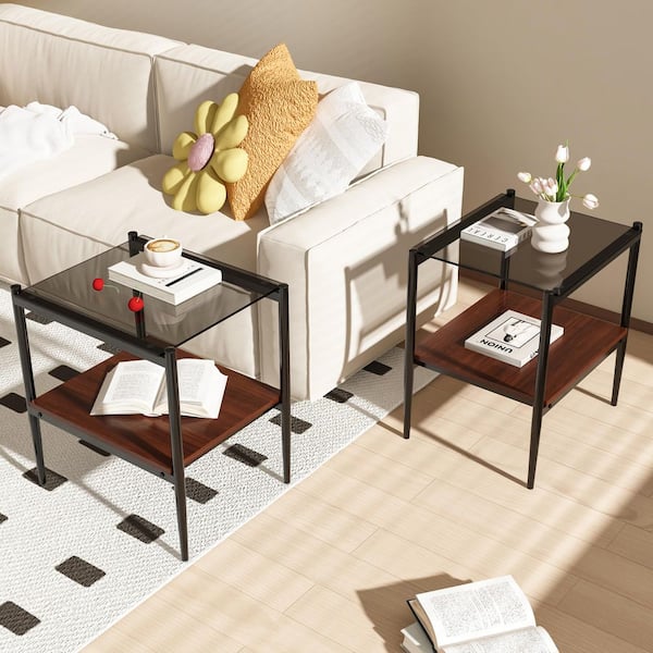 Set of 2 19.1 in. Rectangle End Tables Gray Tempered Glass Top, MDF Shelf and Black Metal Legs for Living Room