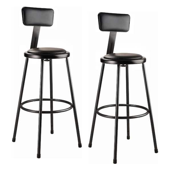 30 in. Black Heavy Duty Steel Frame Vinyl Padded Stool with Backrest (Pack of 2)