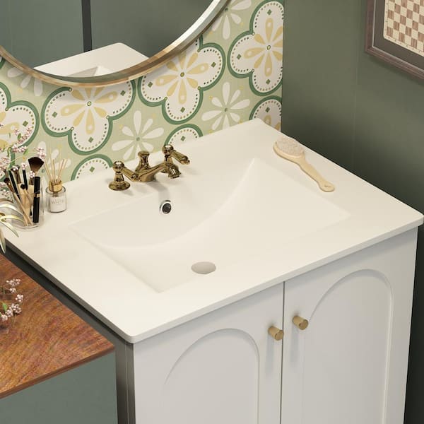 Aoibox 24inch White Bathroom Vanity Sink Combo for Small Space Modern Design with Ceramic Basin Gold Legs and Semi-Open Storage