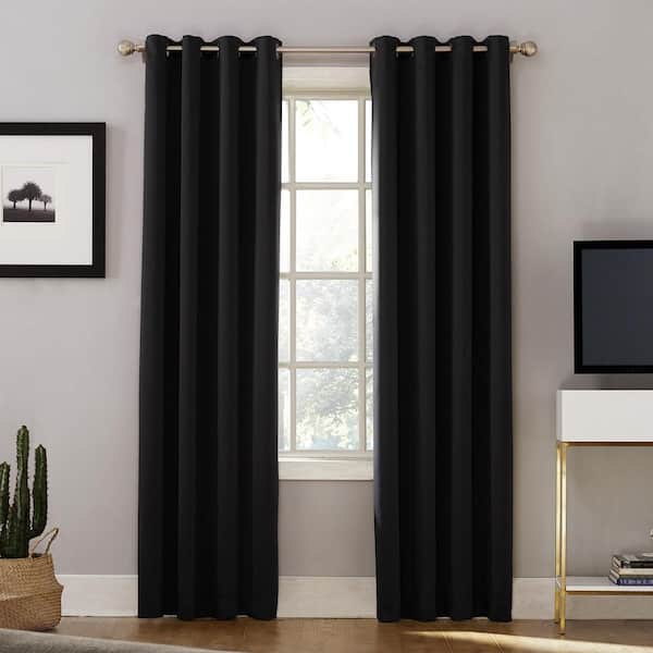 Sun Zero Black Woven Solid 52 in. W x 63 in. L Noise Cancelling Thermal Grommet Blackout Curtain