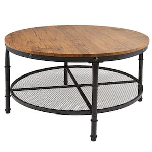 36 in. Black Round Wood Coffee Table with Metal Storage Shelf
