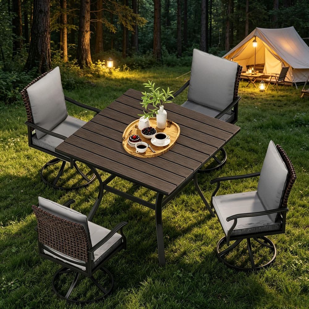 5-Piece Black Metal Outdoor Dining Set with 4 Swivel Dining Chairs with Gray Cushions and 1 Large Dining Table for Lawn price history on PriceWatchPro