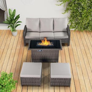 4-Piece Wicker Patio Rectangle Fire Pit Conversation Set with Cushions