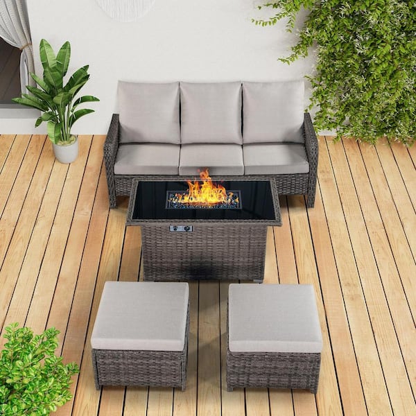 Brafab 4-Piece Wicker Patio Rectangle Fire Pit Conversation Set with Cushions