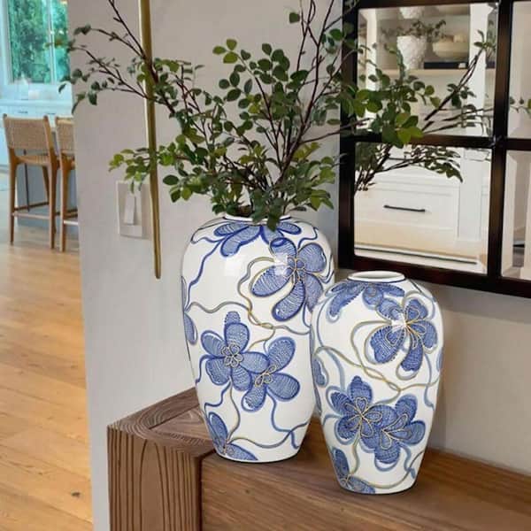 9 in. Blue Ceramic Bottle Hand-Painted Porcelain Flower Vase with