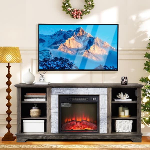 58.31 in. Freestanding TV Stand with 18 in. Electric Fireplace Insert, for TVs up to 65 in., Grey, Faux Stone Surround
