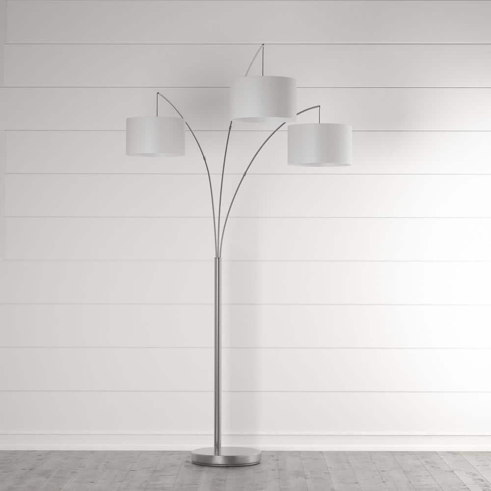 Trinity Brushed Steel 74'' Adjustable Arc Floor Lamp with White Shades