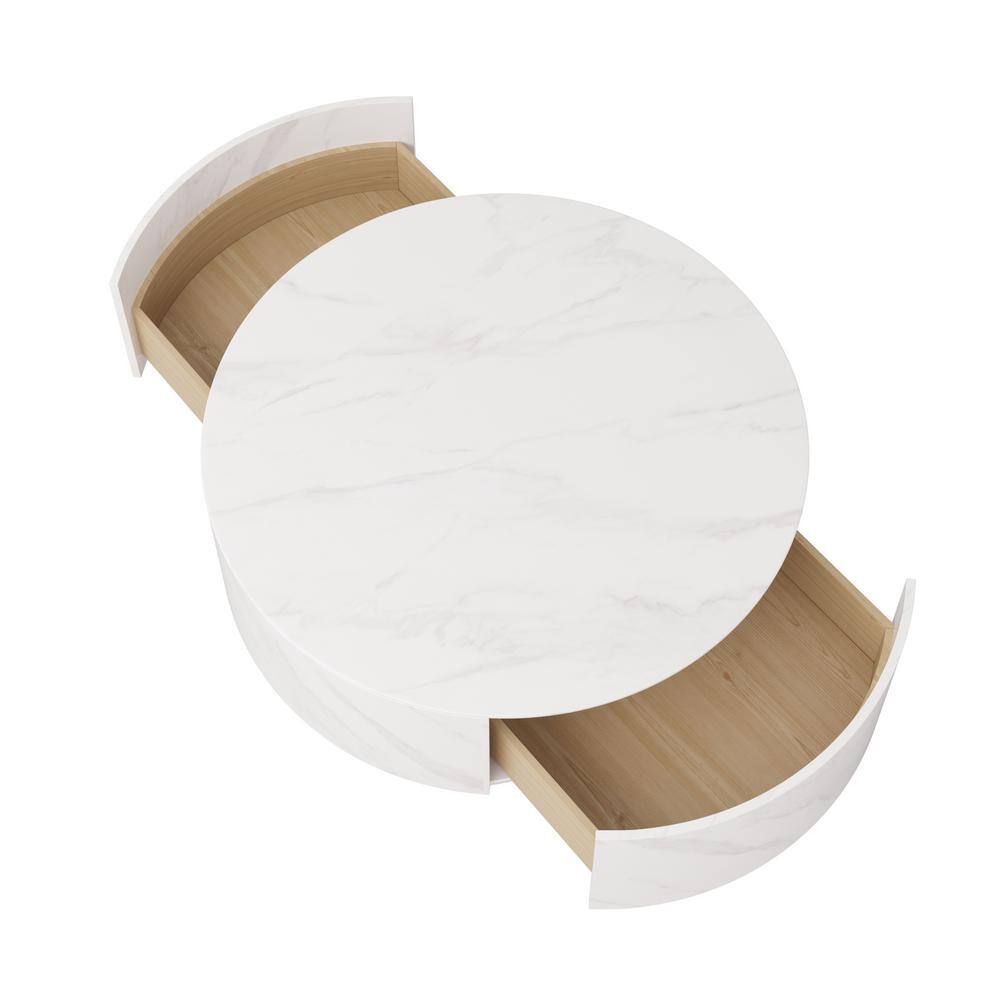 33.47 in. White Modern Drum Round Marble Top Coffee Table with Drawers