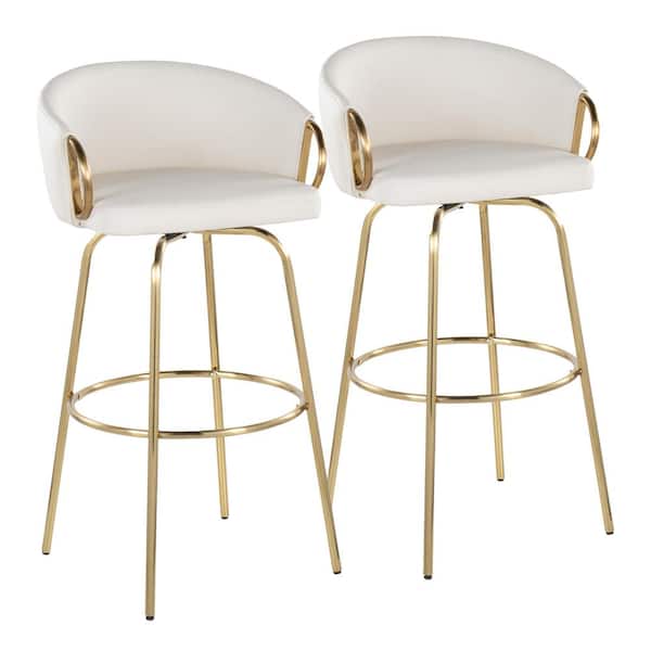 LumiSource Claire 29.5 in. White Faux Leather and Gold Metal Fixed-Height Bar Stool (Set of 2)