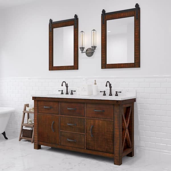 Water Creation Aberdeen 60 in. W x 22 in. D Vanity in Rustic Sienna with Marble Vanity Top in White with White Basin and Mirror