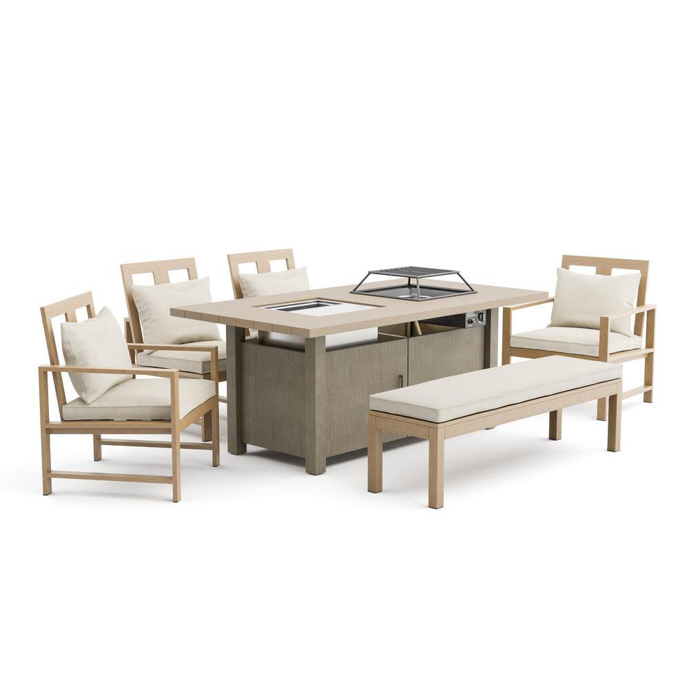 GREEMOTION Bordeaux 6-Piece Steel Patio Fire Pit Dining Set With Beige Cushions