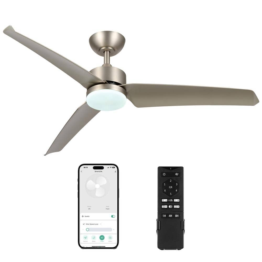 Merra 52 in. LED Indoor Nickel Semi Flush Smart Ceiling Fan with Light ...