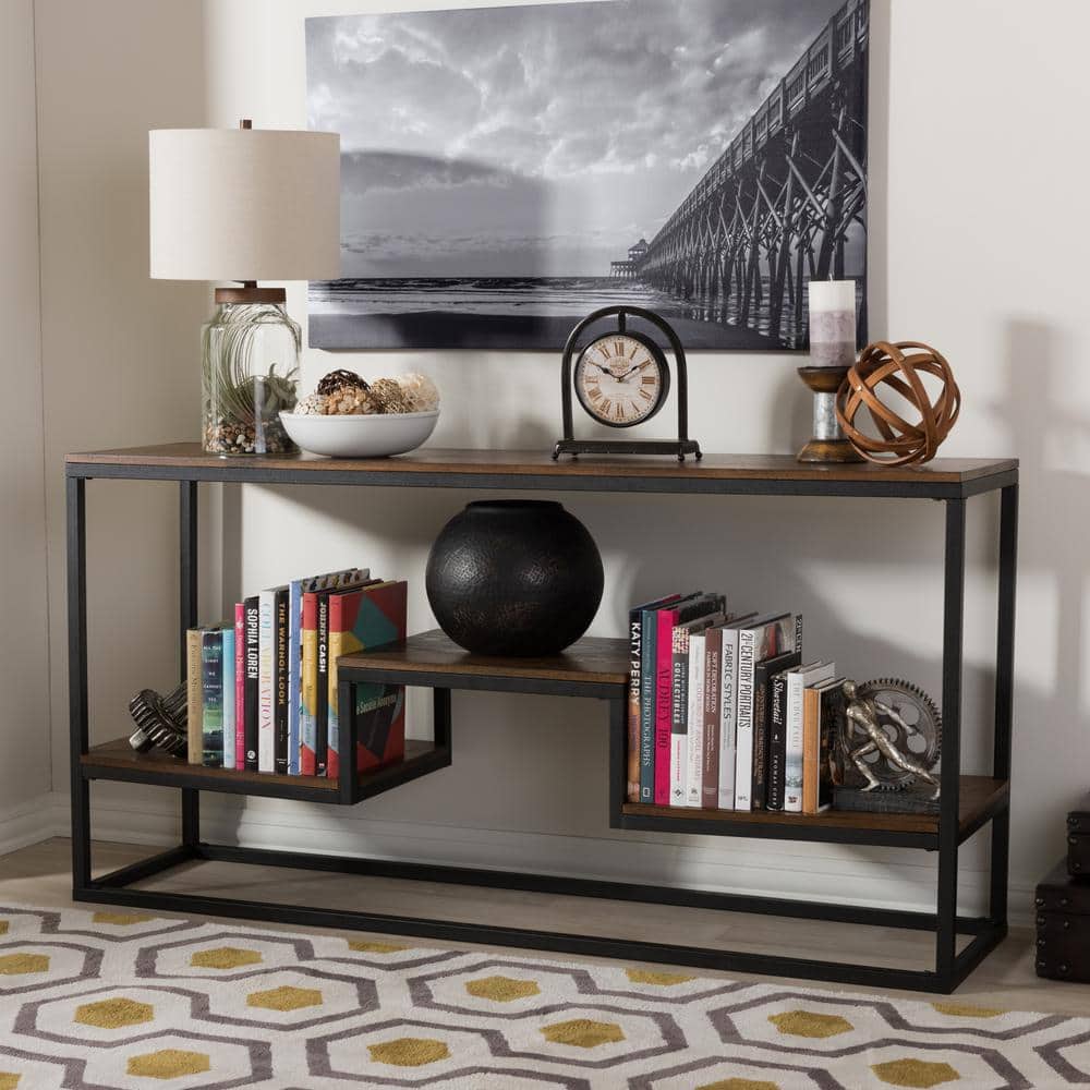 Rustic Industrial Black Metal and Distressed Wood Console Table with Storage