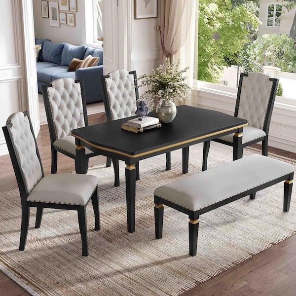 6-Piece Rectangle Black Wood Top Dining Room Set Seats 6
