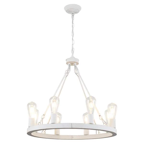 ADSENSTY 8-Light Distressed White Wagon Wheel Chandelier for Farmhouse Kitchen Island with no Bulbs Included
