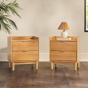 2-Drawer Natural Pine Solid Wood Mid-Century Modern Tray-Top Nightstand, (Set of 2)