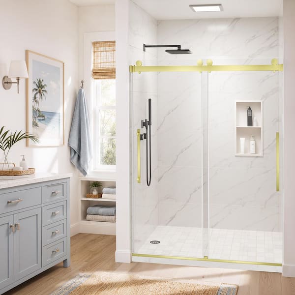 44-48 in. W x 76 in. H Semi Frameless Double Sliding Shower Door in Brushed Gold with Tempered Nano-Coated Glass