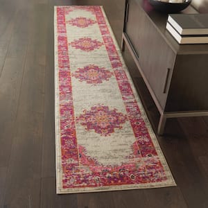 Passion Ivory/Fuchsia 2 ft. x 8 ft. Bordered Transitional Kitchen Runner Area Rug