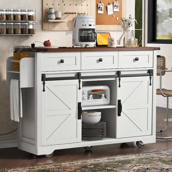 White Wood 53.75 in. Kitchen Island with Drawer, Drop Leaf, Towel Rack, Spice Rack, Wheel, Slide Barn Door, Power Outlet