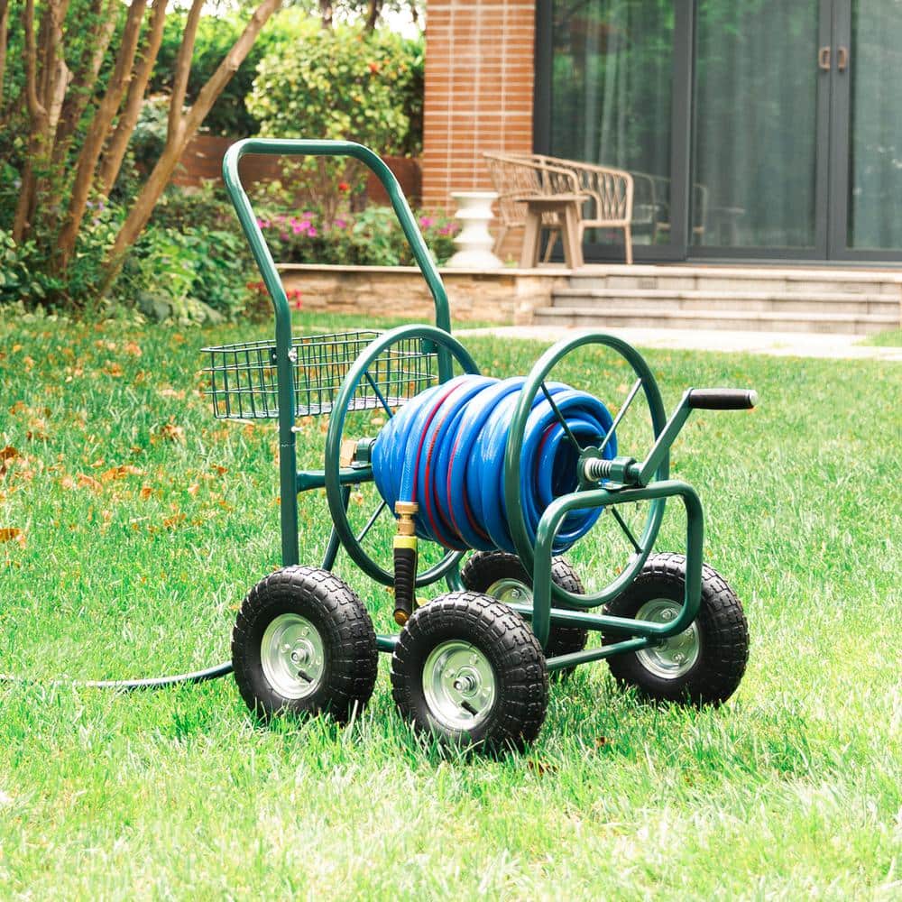 Green Steel 4-Wheel Garden Hose Reel Cart with Climate Resistant Finish
