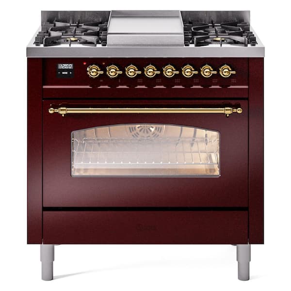ILVE Nostalgie II 36 in. 6 Burner plus Griddle Freestanding Dual Fuel Natural Gas Range in Burgundy with Brass Trim