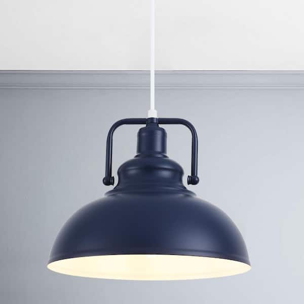 1-Light 11.5 in. Blue Industrial Farmhouse Pendant Light with Metal Shade, No Bulbs Included