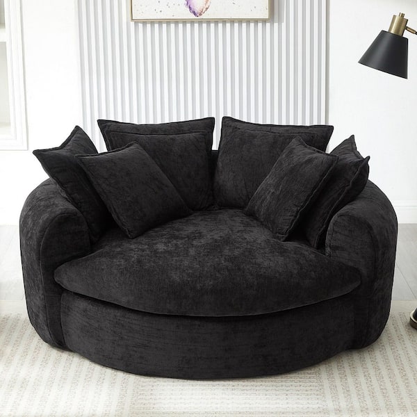 59.8 in. Rolled Arms Chenille Fabric Round Chaise Lounge Sofa in Black with 8 Throw Pillows