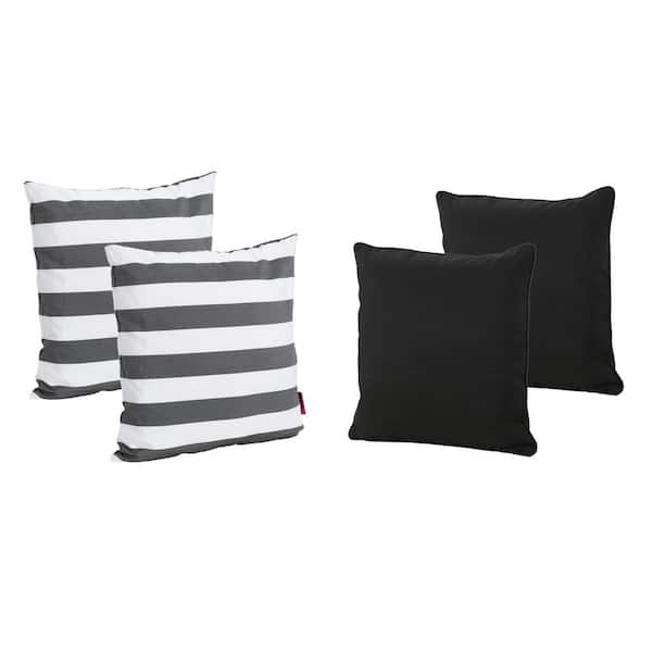 Noble House Brantpoint Black Solid and Black and White Striped Square Outdoor Patio Throw Pillows (Set of 4)
