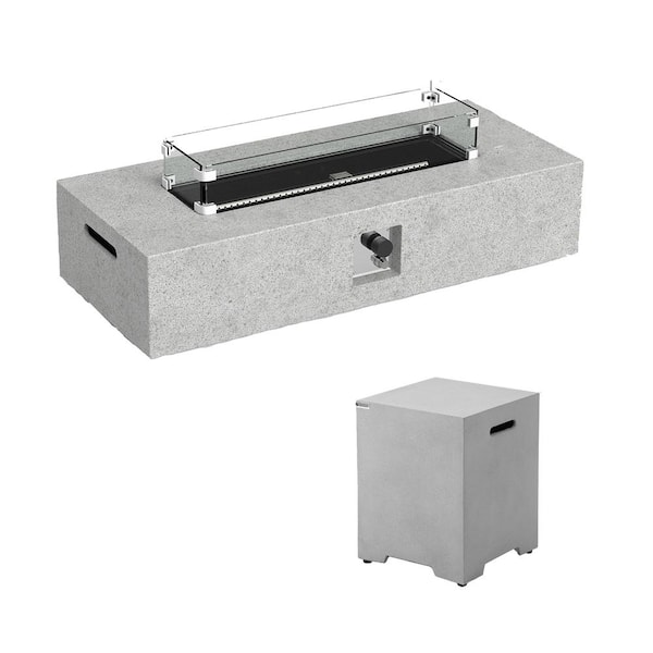 Unbranded Grey Rectangle Metal 12.6 in. H 50,000 BTU FirePit Table with Gas Tank Table, Propane Tank Cover, Wind Guard, Lava Rocks