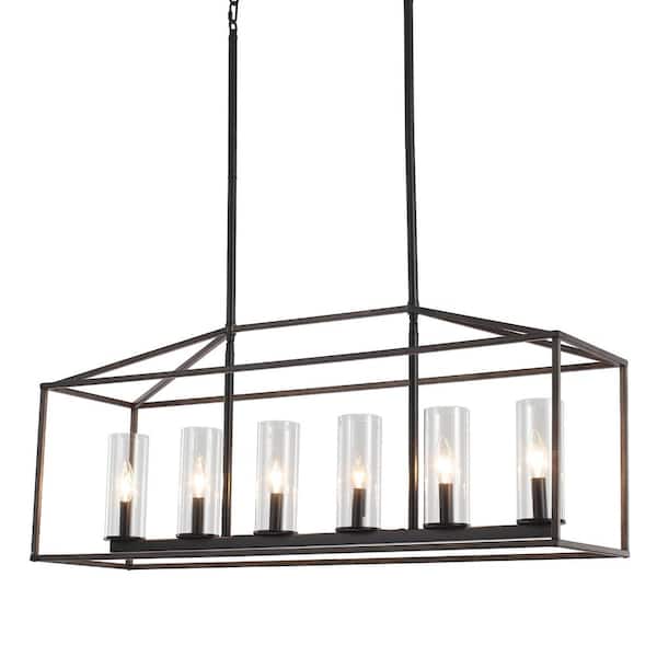 6-Light Black and Wood Grain Geometric Linear Island Chandelier for Dinning Room with No Bulbs Included