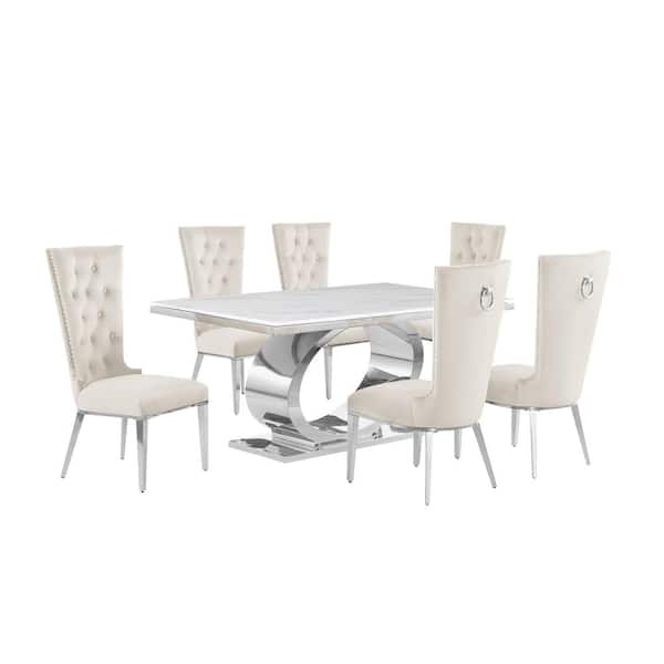 Best Quality Furniture Ibraim 7-Piece Rectangle White Marble Top with Stainless Steel Base Dining Set with 6 Cream Velvet Fabric Chairs