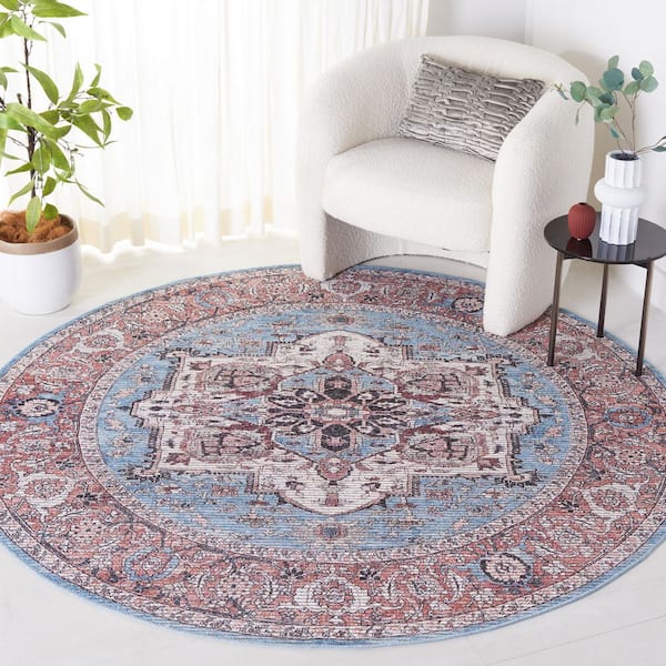 Serapi Blue/Rust 7 ft. x 7 ft. Machine Washable Border Ornate Medallion Round Area Rug