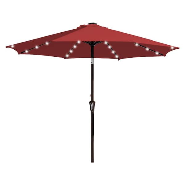 10 ft. Market Solar LED Lighted Tilt Patio Umbrella Outdoor Steel Umbrella in Red