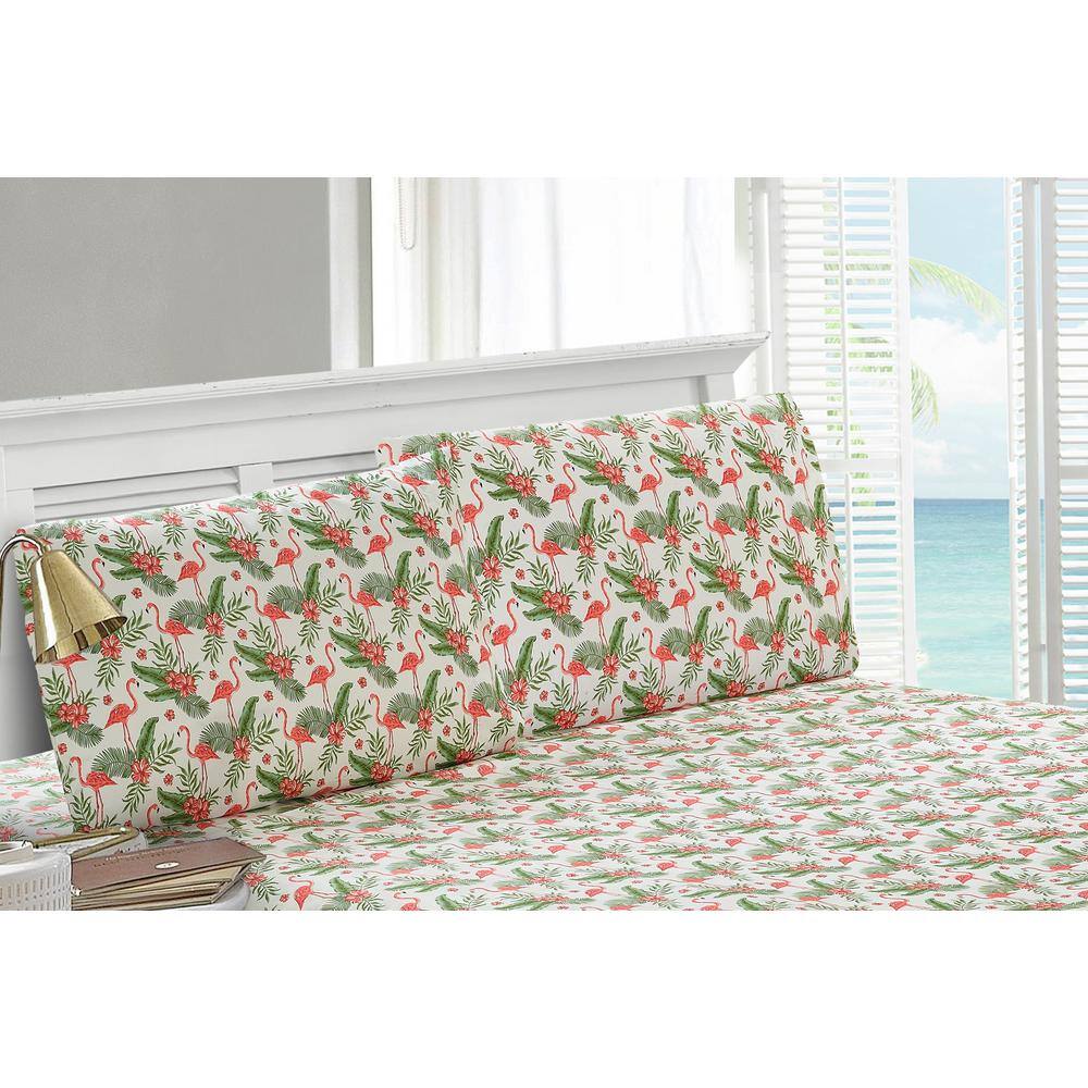 Twin Flamingo Print Microfiber Embroidered Sheet Set