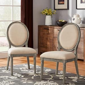 Antique Grey Oak Finish Beige Round Linen And Wood Dining Chairs (Set of 2)