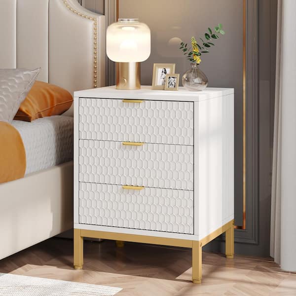 19.7 in. W  Fenley White and Gold 3-Drawer Nightstand Bedside Table