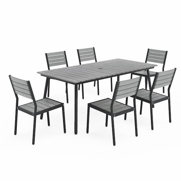 70 in. Gray Aluminum Outdoor Dining Table with Umbrella Hole and Gray Aluminum Dining Chairs (Set of 6)