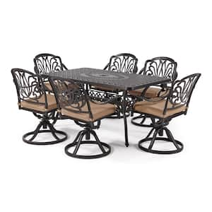 Classic Dark Brown 7-Piece Cast Aluminum Rectangle Outdoor Dining Set with Table and Swivel Dining Chairs Beige Cushion