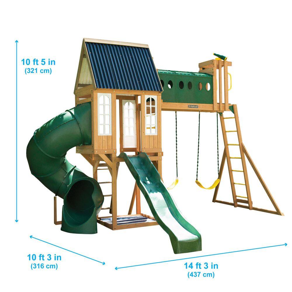 Skyway Resort Wooden Outdoor Swing Set with Slides and Playhouse