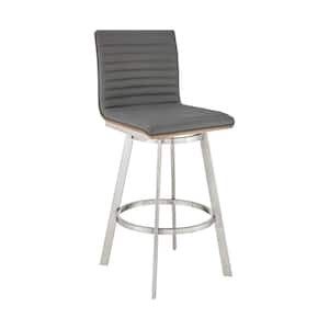 Jermaine 30 in. Bar Height High Back Swivel Bar Stool in Brushed Stainless Steel and Grey Faux Leather