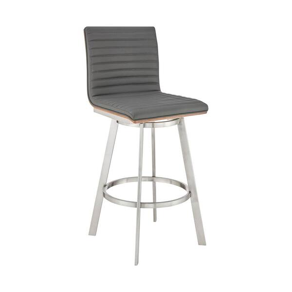 Armen Living Jermaine 30 in. Bar Height High Back Swivel Bar Stool in Brushed Stainless Steel and Grey Faux Leather