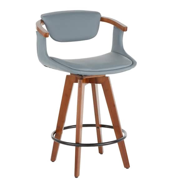Lumisource Oracle 26 in. in Grey Faux Leather and Walnut Mid-Century Modern Counter Stool