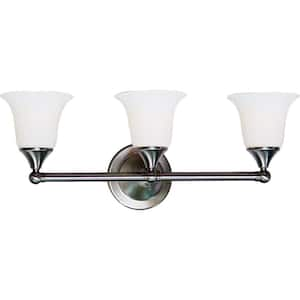 3-Light Indoor Brushed Nickel Bath or Vanity Light Wall Mount or Wall Sconce with Etched White Cased Glass Bell Shades