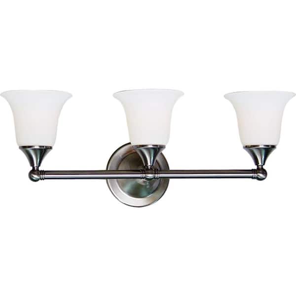 Volume Lighting 3-Light Indoor Brushed Nickel Bath or Vanity Light Wall Mount or Wall Sconce with Etched White Cased Glass Bell Shades