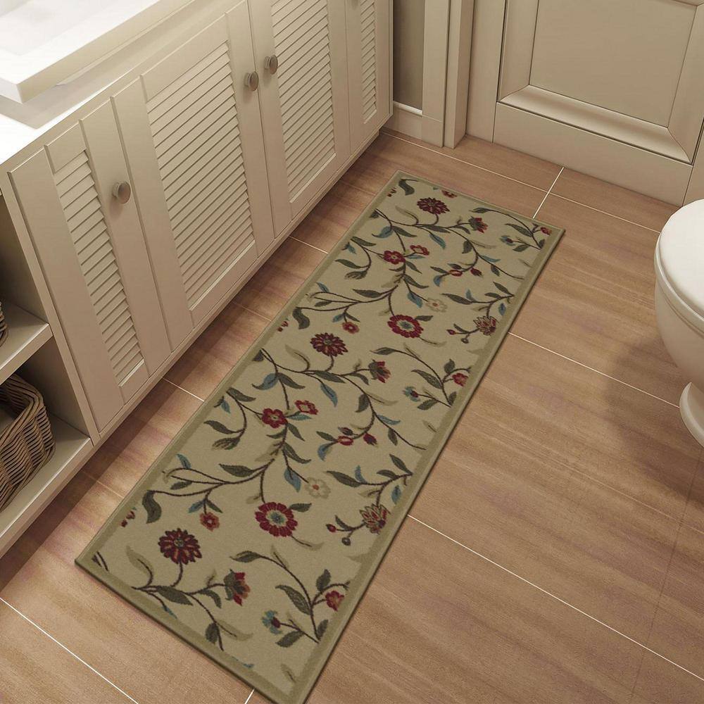 Beige Floral Non-Slip Synthetic Runner Rug 1'10" x 7'