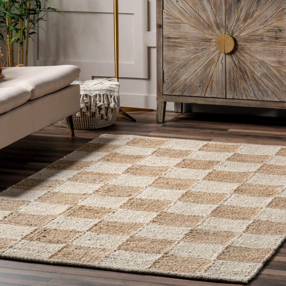 Ivory and Beige Checkered Cotton Jute 8' x 10' Area Rug