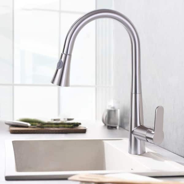 satico Single Handle Gooseneck Pull Down Sprayer Kitchen Faucet in ...