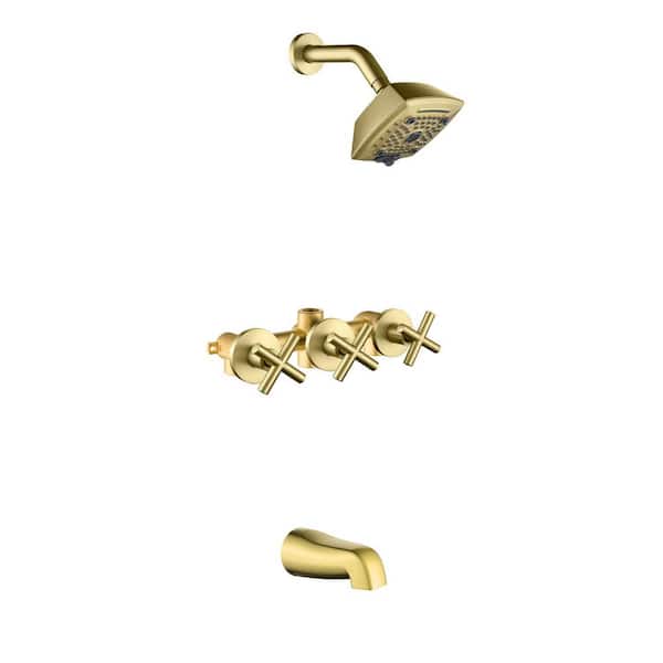 Modern Brass 3 Handle 5-Spray Tub and Shower Faucet 1.8GPM with Shower Head and Tub Spout in Brushed Gold Valve Included