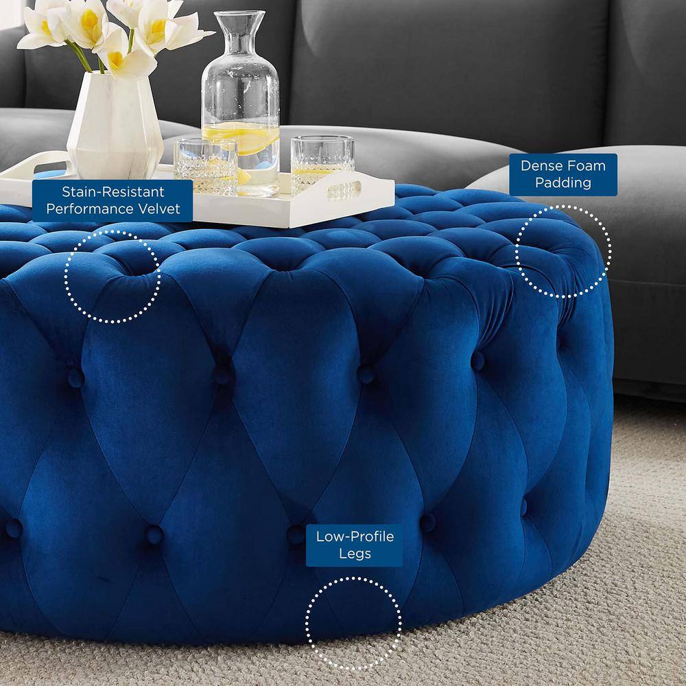 Luxurious Navy Velvet Tufted Large Round Ottoman